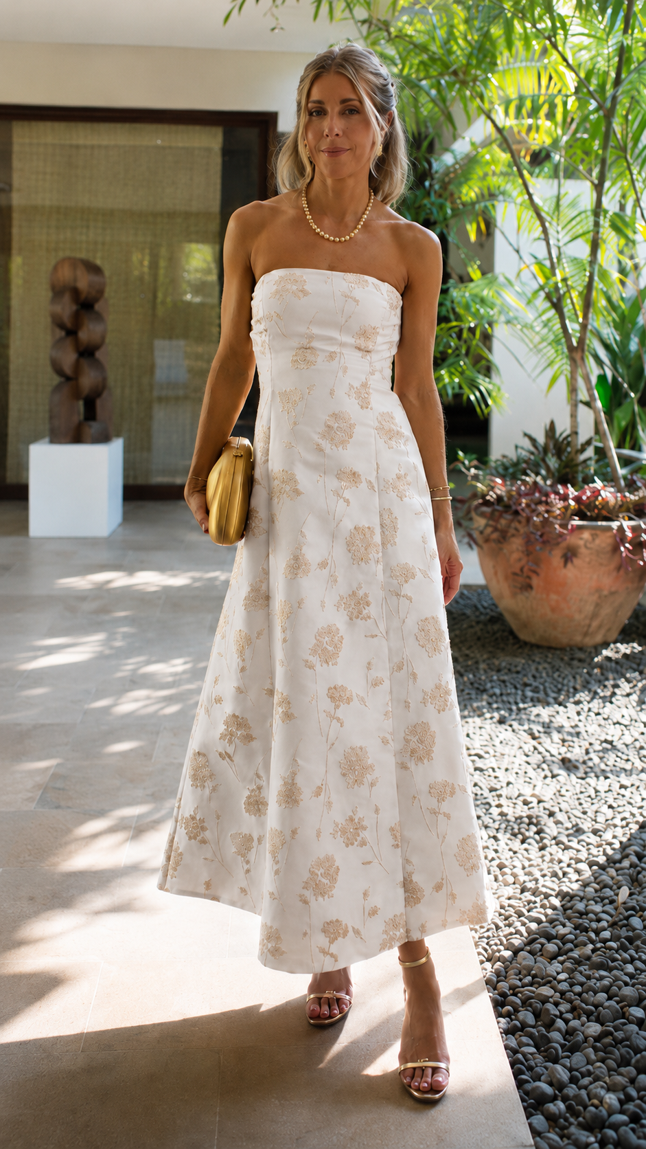 Golden Bloom Strapless Midi Dress