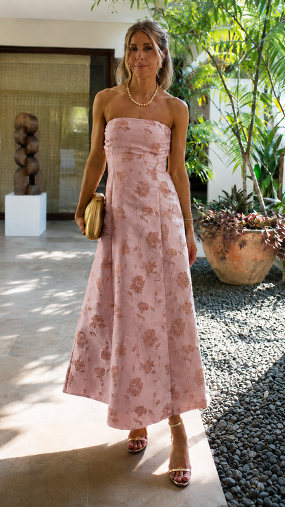 Golden Bloom Strapless Midi Dress