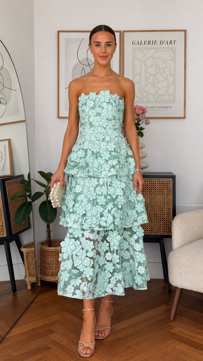 Blossom Strapless Tiered Midi Dress