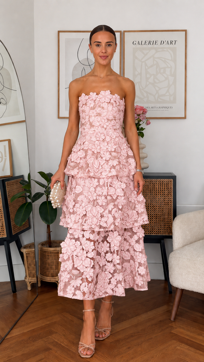 Blossom Strapless Tiered Midi Dress
