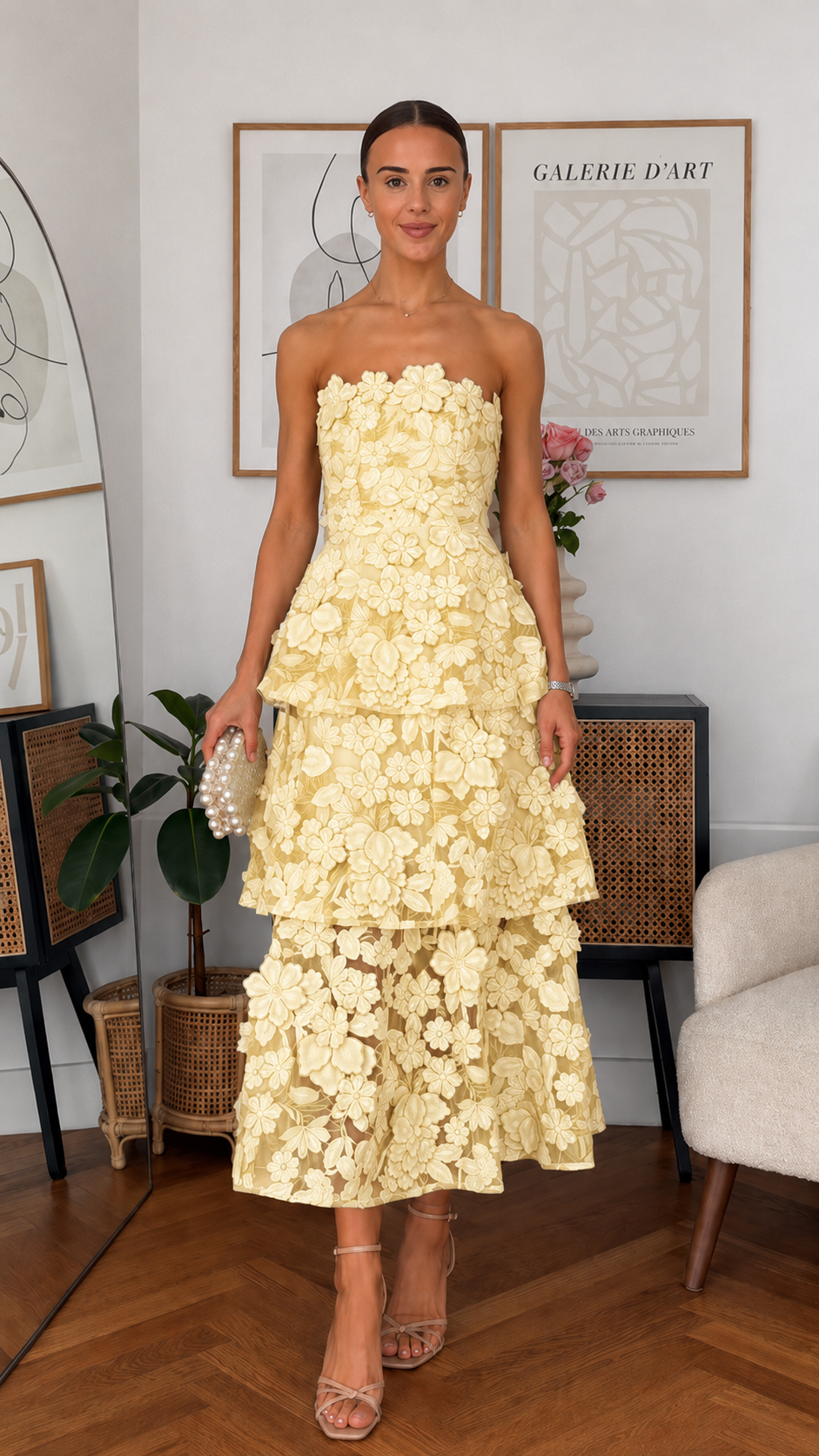 Blossom Strapless Tiered Midi Dress