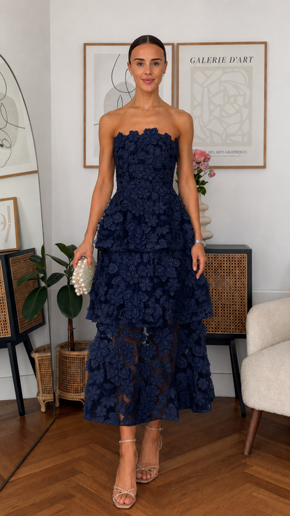 Blossom Strapless Tiered Midi Dress