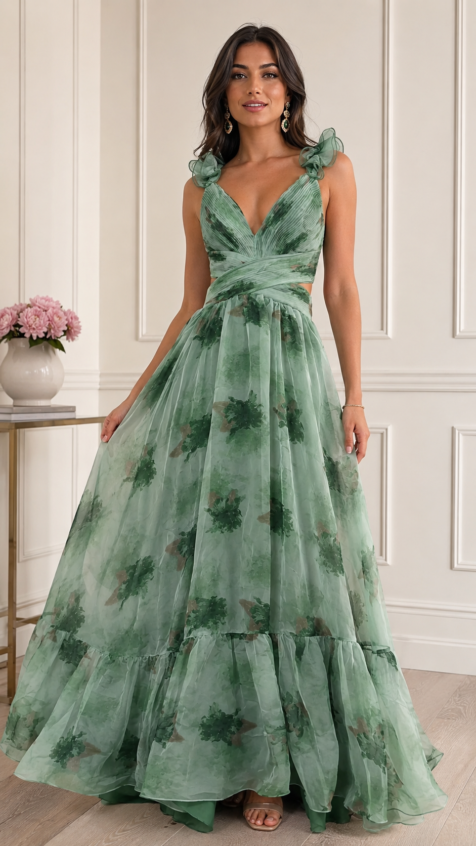 Verdant Romance Ruffle Maxi Dress