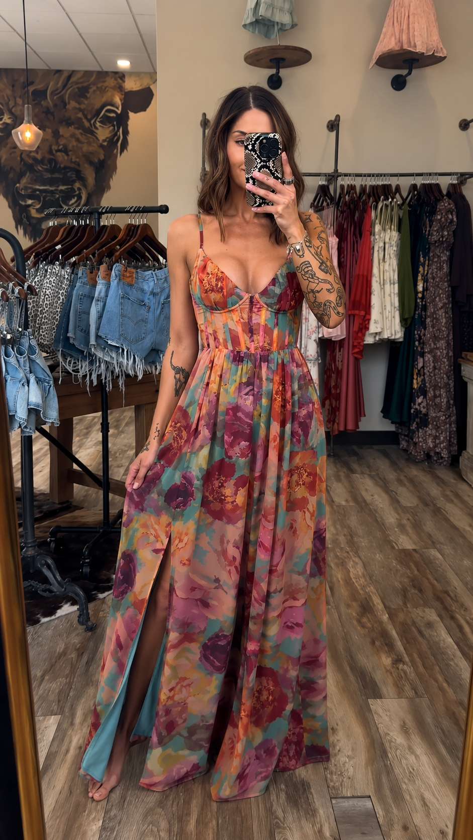 Watercolor Bloom Corset Maxi Dress