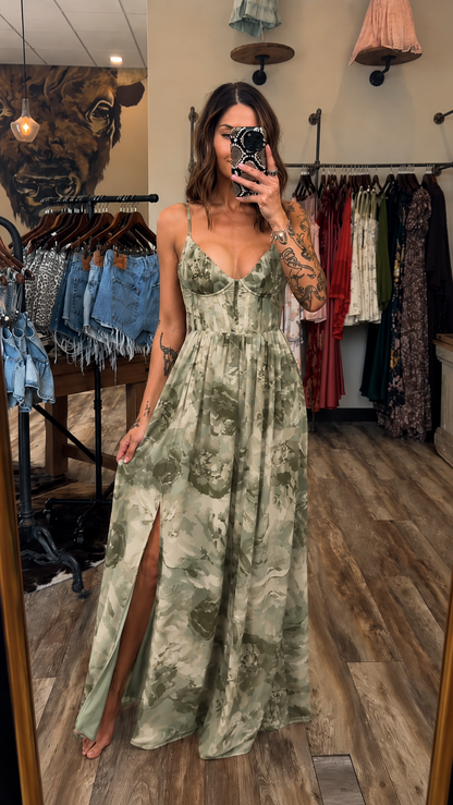 Watercolor Bloom Corset Maxi Dress