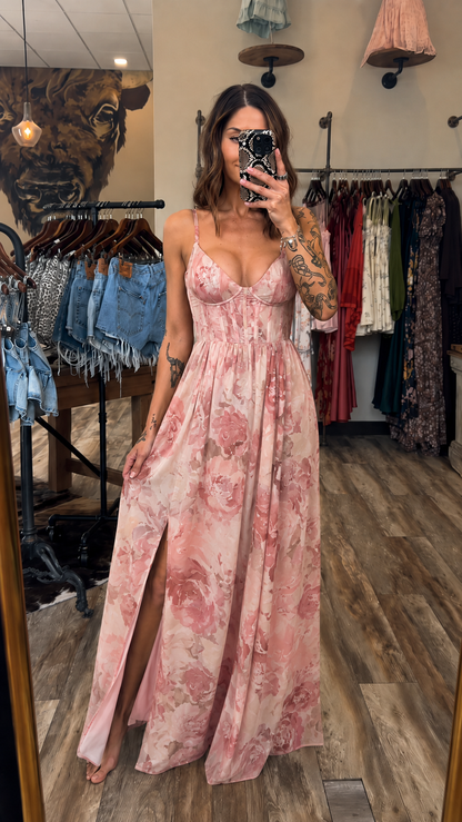 Watercolor Bloom Corset Maxi Dress