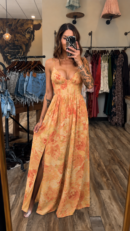 Watercolor Bloom Corset Maxi Dress