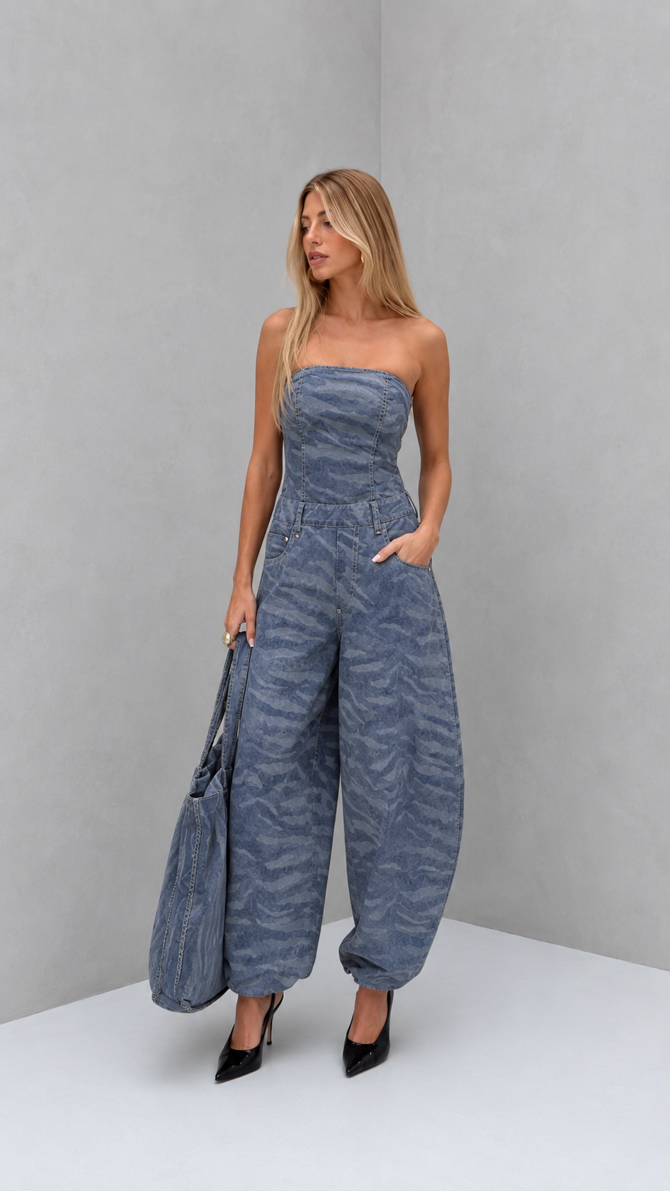 Wild Instinct Strapless Denim Jumpsuit