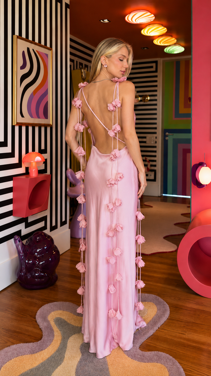 Rosalie Blossom Backless Satin Maxi Dress