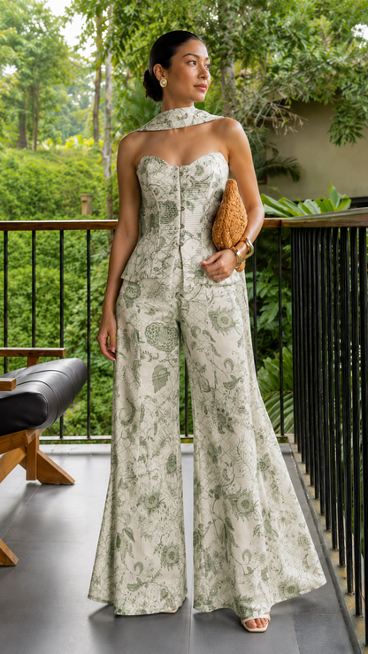 Santorini Porcelain Print Corset Top & Wide-Leg Pants Set