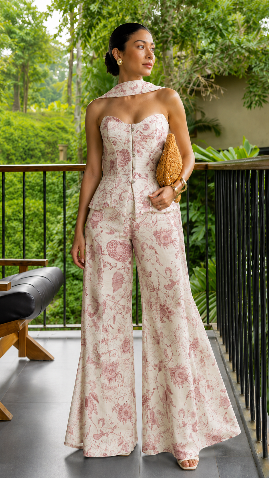 Santorini Porcelain Print Corset Top & Wide-Leg Pants Set