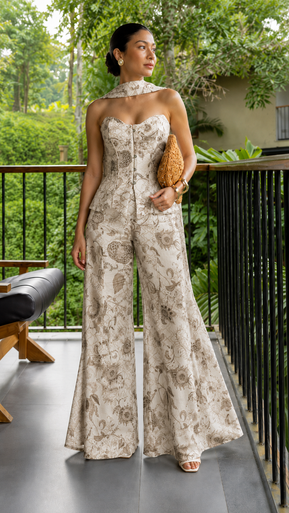 Santorini Porcelain Print Corset Top & Wide-Leg Pants Set
