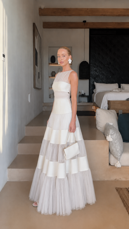 Celeste Tiered Mesh Panel Maxi Dress