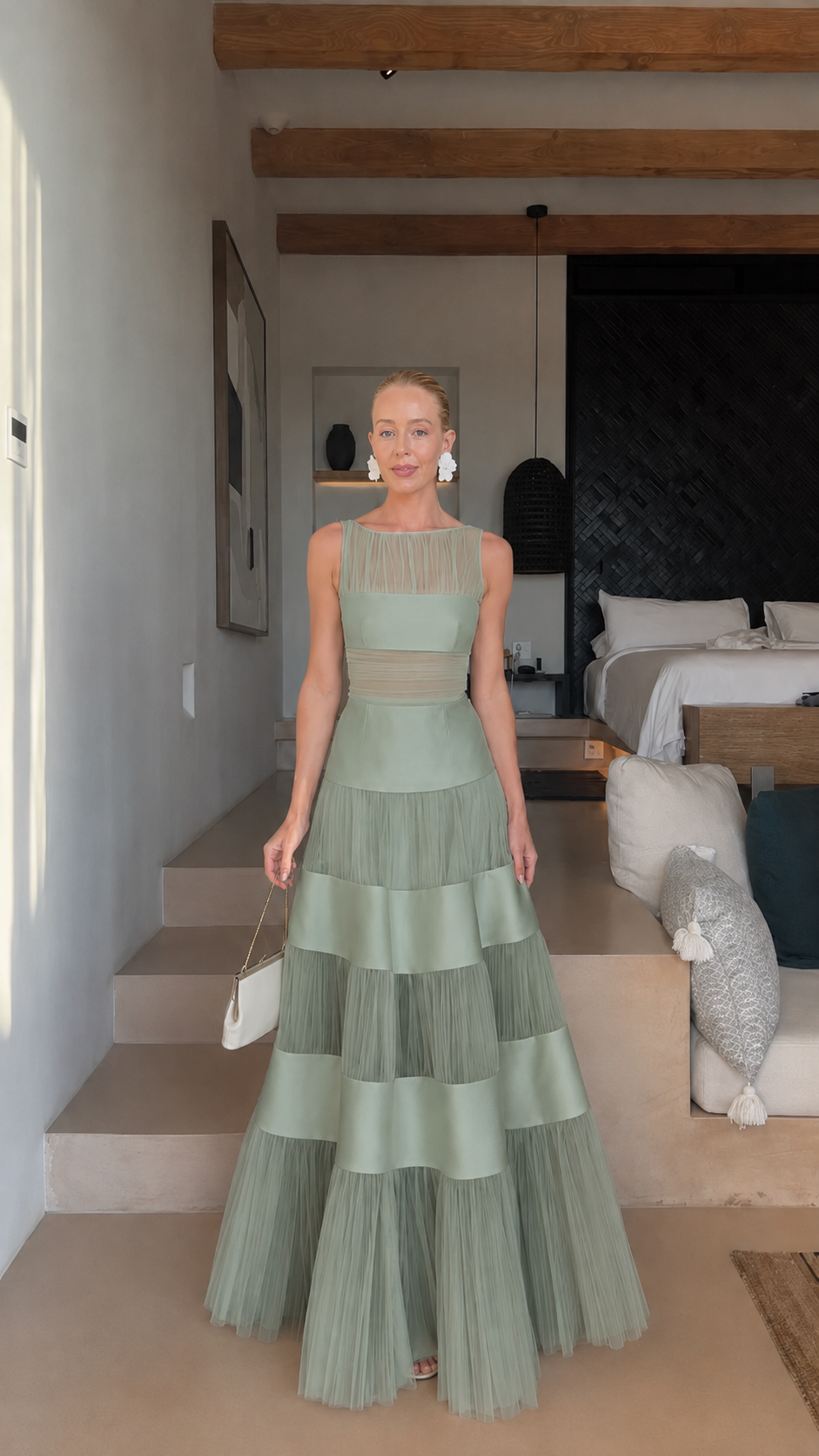 Celeste Tiered Mesh Panel Maxi Dress