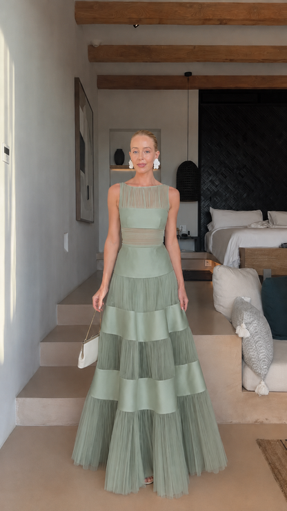 Celeste Tiered Mesh Panel Maxi Dress