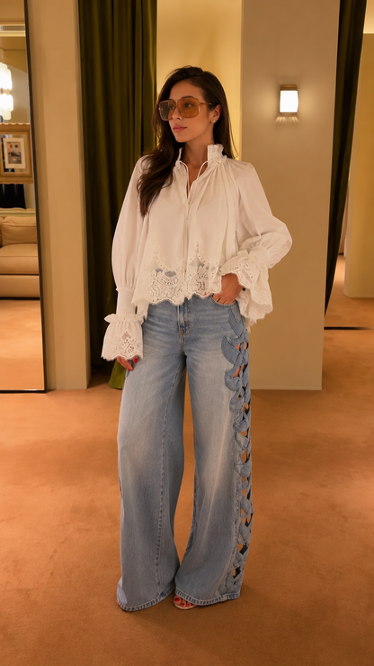 Evelina Lace Trim Blouse & Side-Braid Wide Leg Jeans Set