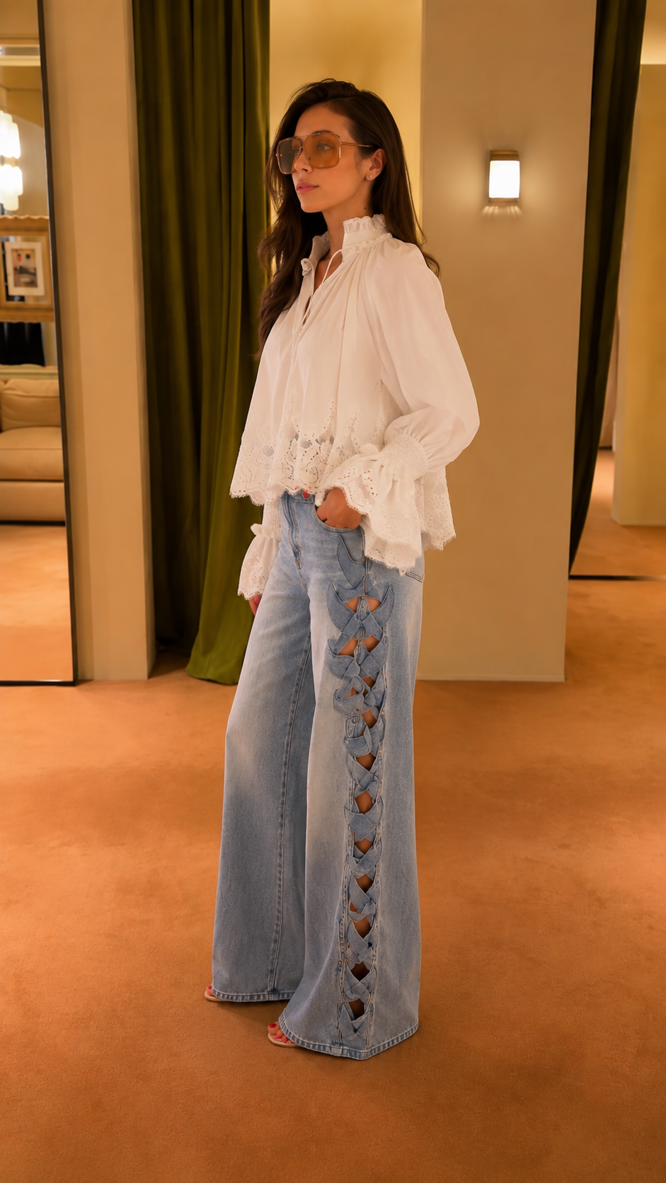 Evelina Lace Trim Blouse & Side-Braid Wide Leg Jeans Set