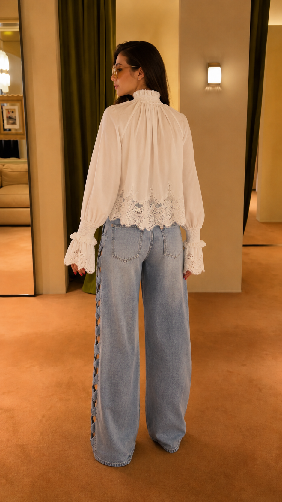 Evelina Lace Trim Blouse & Side-Braid Wide Leg Jeans Set