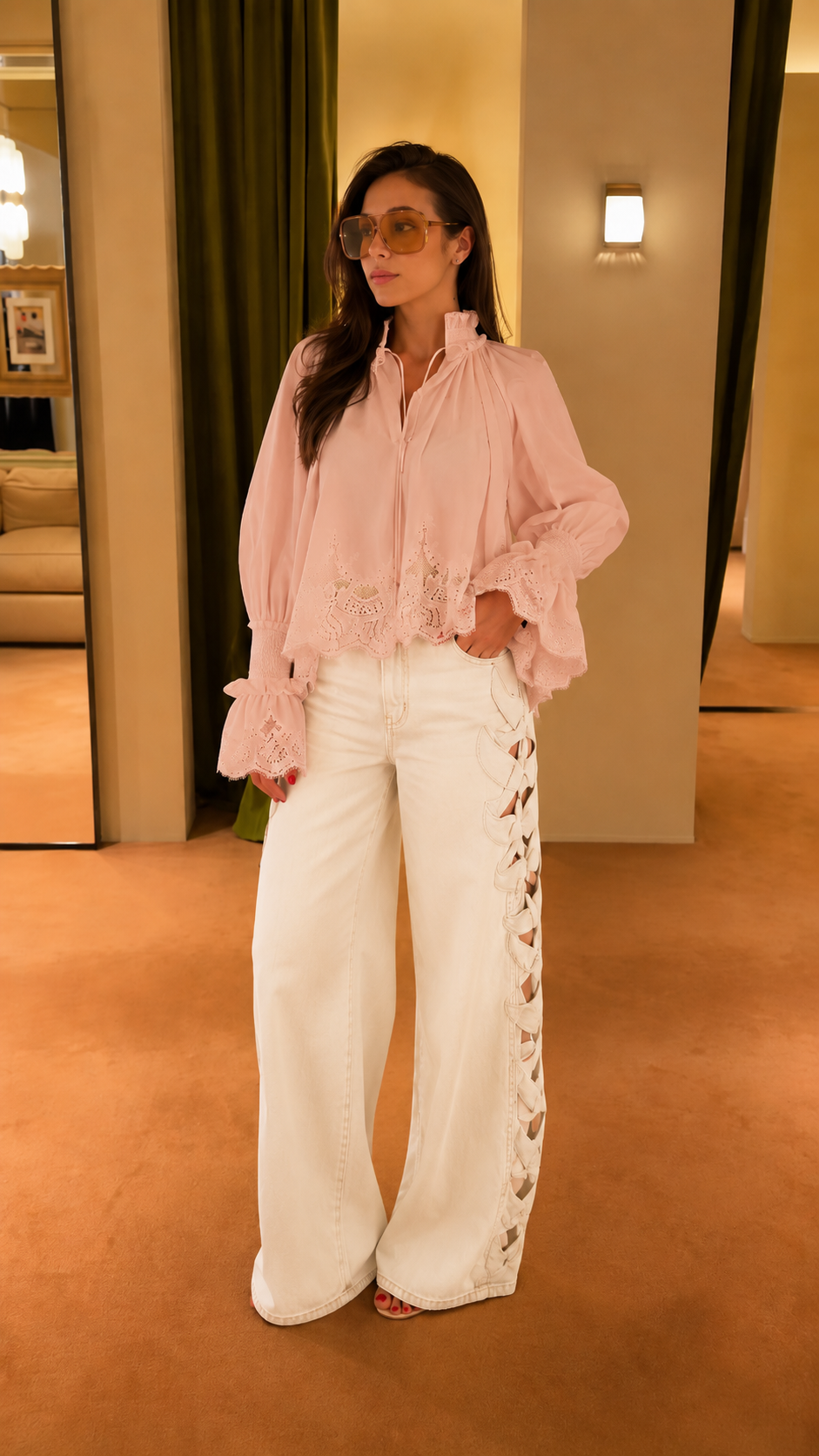 Evelina Lace Trim Blouse & Side-Braid Wide Leg Jeans Set