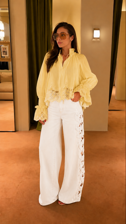 Evelina Lace Trim Blouse & Side-Braid Wide Leg Jeans Set