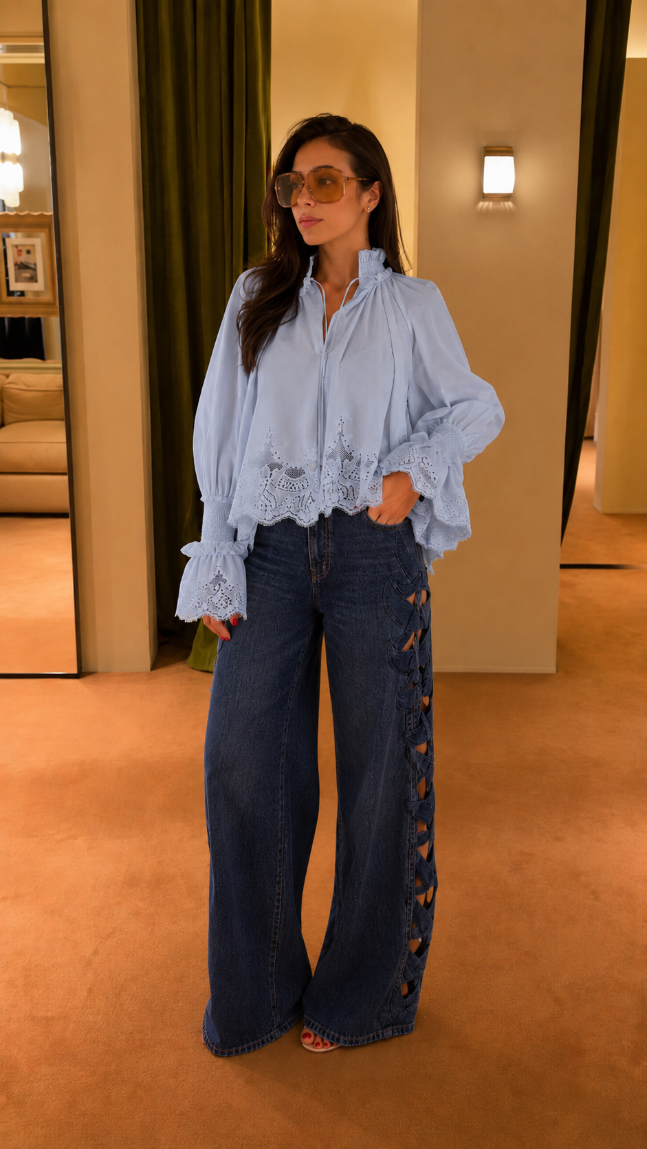 Evelina Lace Trim Blouse & Side-Braid Wide Leg Jeans Set
