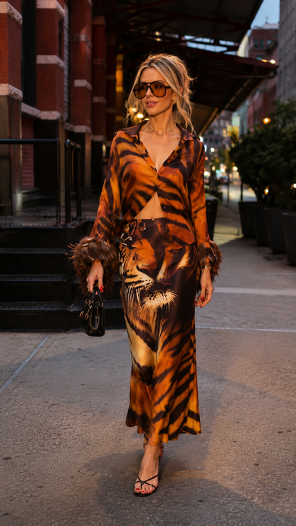 Savannah Tiger Satin Shirt & Maxi Skirt Set