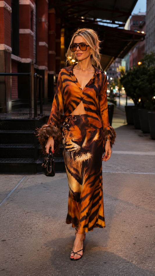 Savannah Tiger Satin Shirt & Maxi Skirt Set