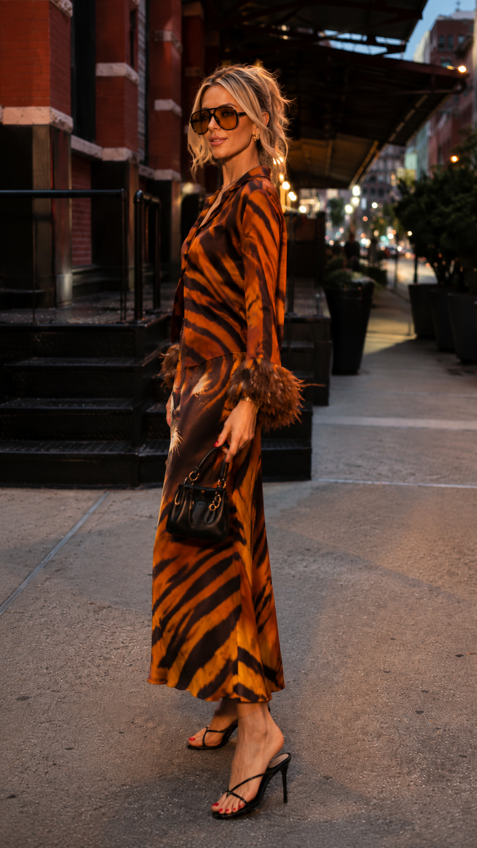 Savannah Tiger Satin Shirt & Maxi Skirt Set