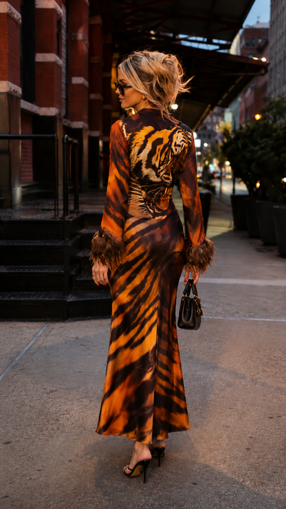Savannah Tiger Satin Shirt & Maxi Skirt Set