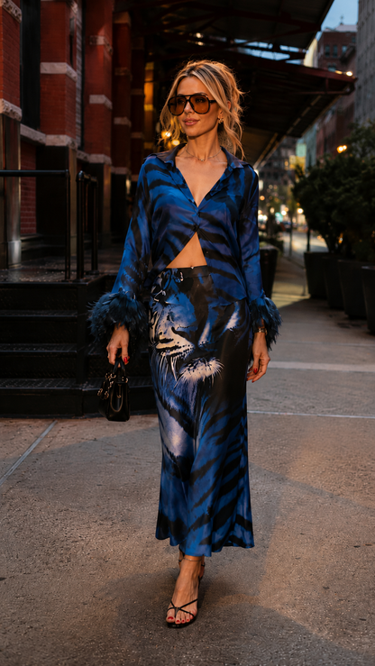 Savannah Tiger Satin Shirt & Maxi Skirt Set