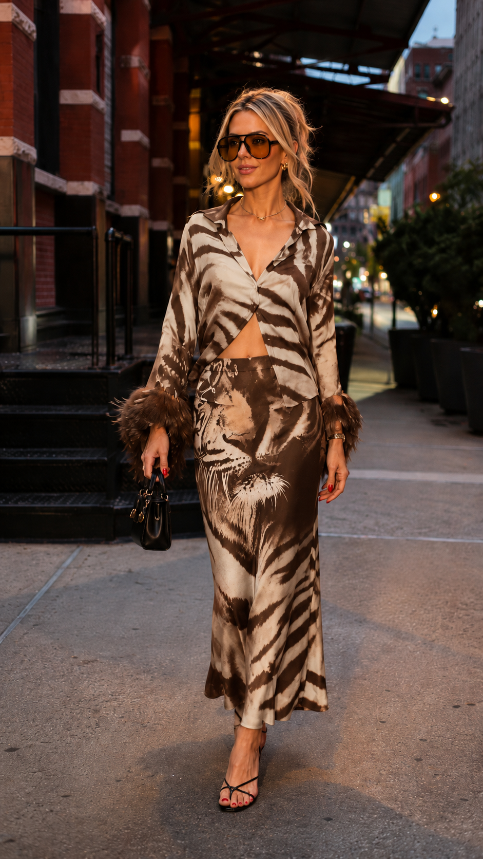Savannah Tiger Satin Shirt & Maxi Skirt Set