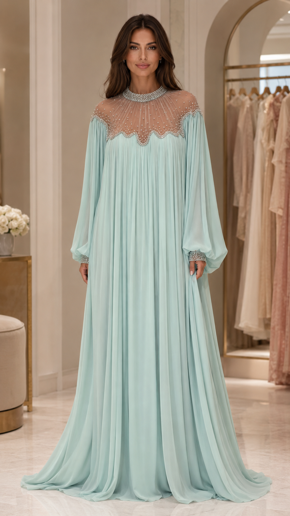 Celeste Pearl Beaded Chiffon Maxi Gown