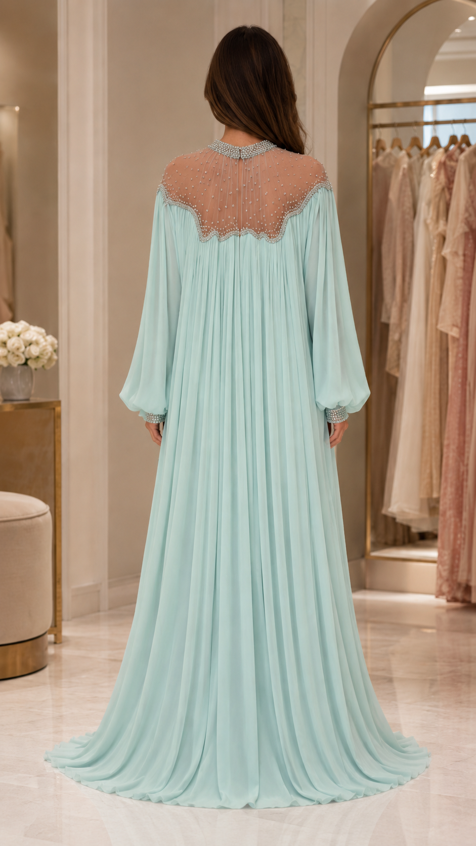 Celeste Pearl Beaded Chiffon Maxi Gown