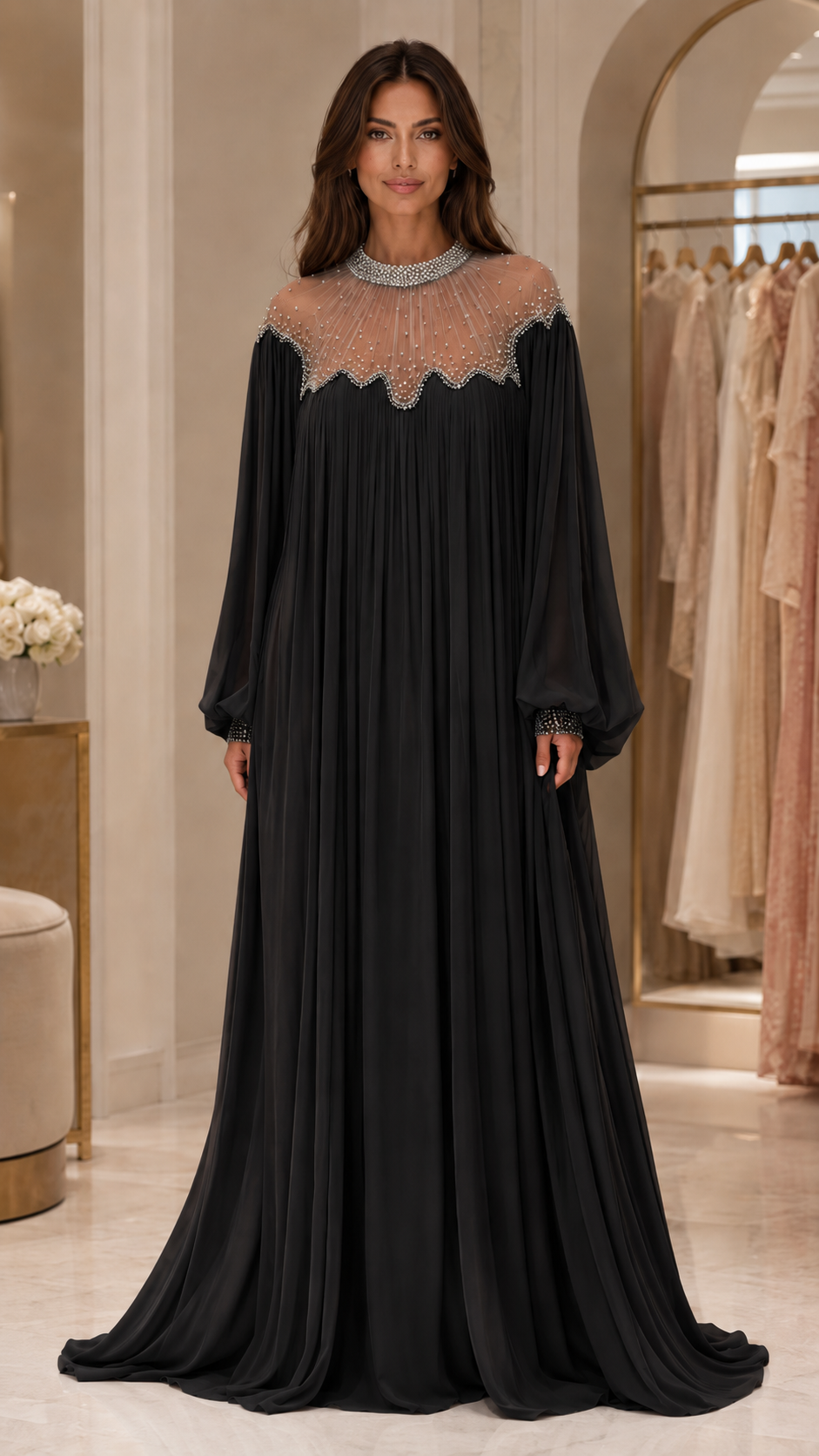 Celeste Pearl Beaded Chiffon Maxi Gown