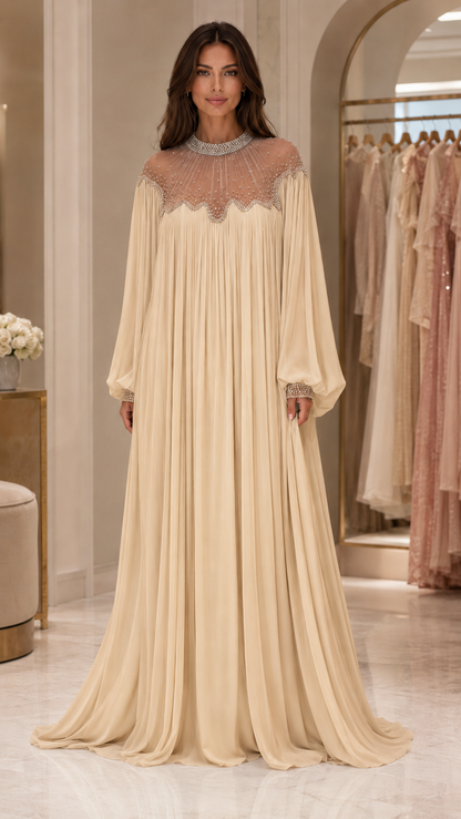 Celeste Pearl Beaded Chiffon Maxi Gown
