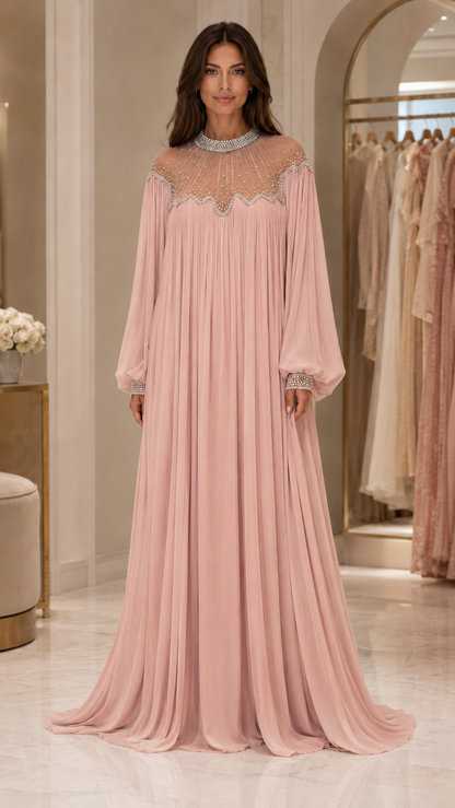 Celeste Pearl Beaded Chiffon Maxi Gown