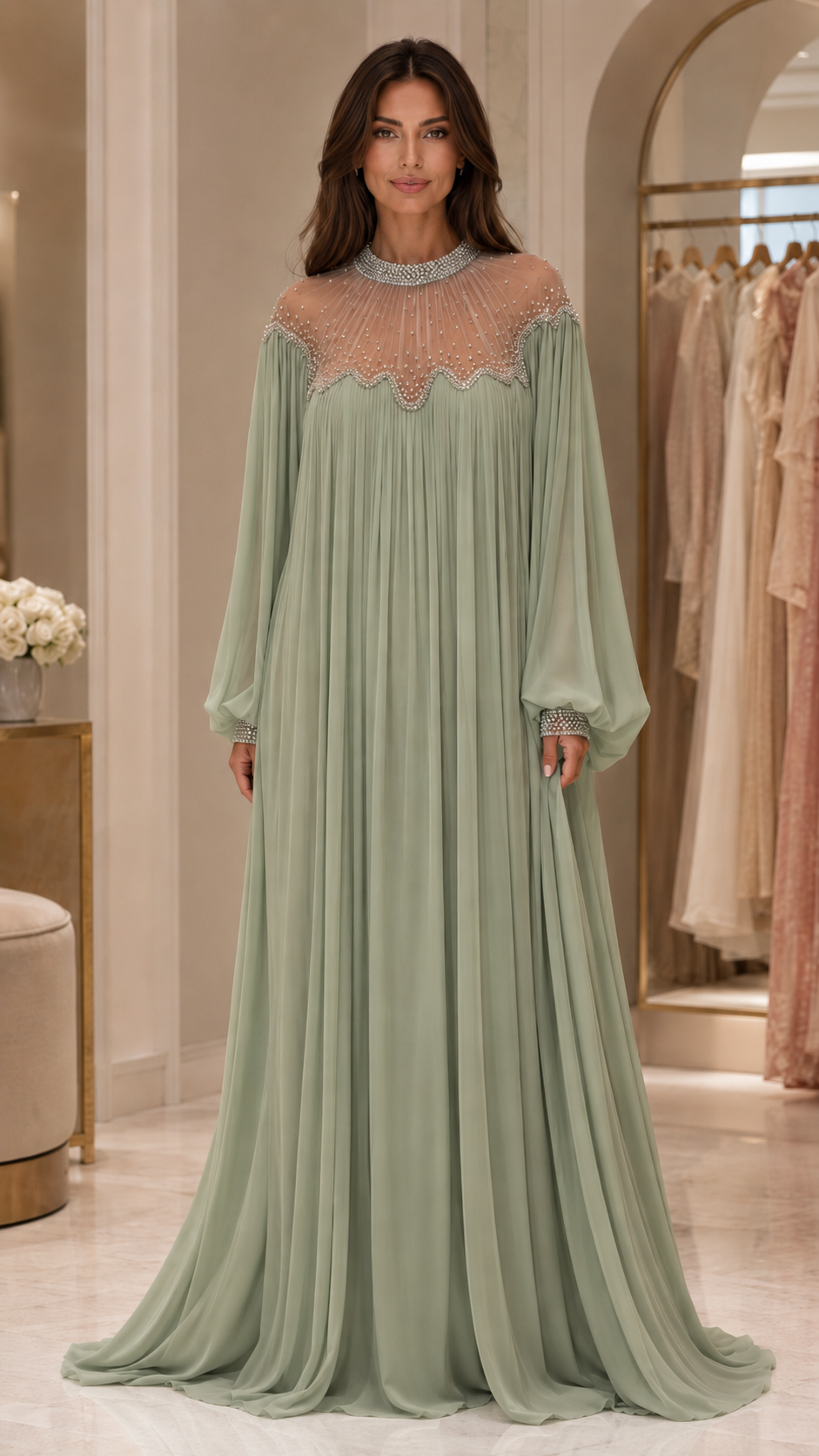 Celeste Pearl Beaded Chiffon Maxi Gown