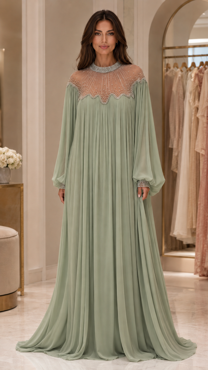 Celeste Pearl Beaded Chiffon Maxi Gown