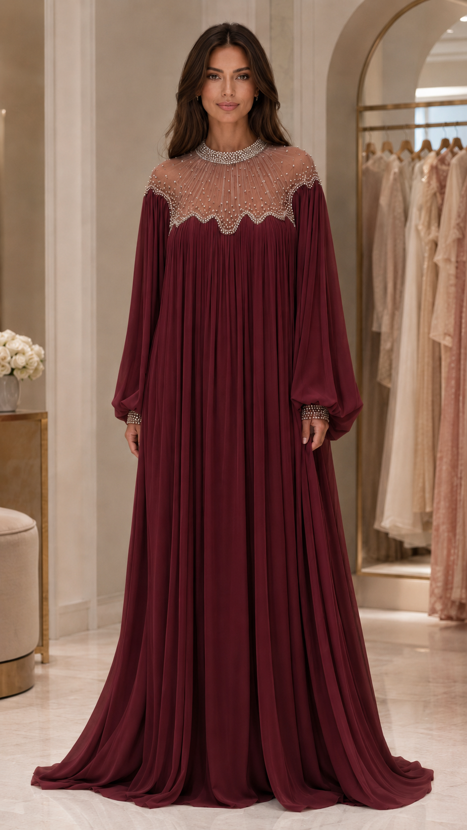 Celeste Pearl Beaded Chiffon Maxi Gown