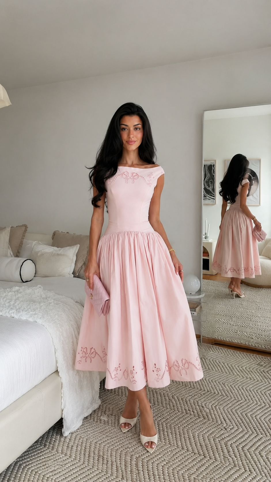 Rosalie Vintage Pink Off-Shoulder Embroidered Midi Dress