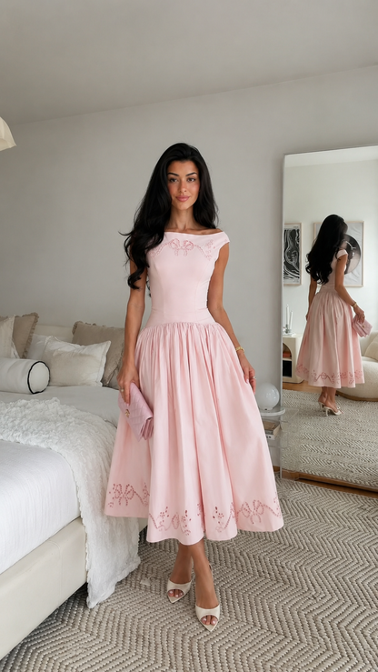 Rosalie Vintage Pink Off-Shoulder Embroidered Midi Dress