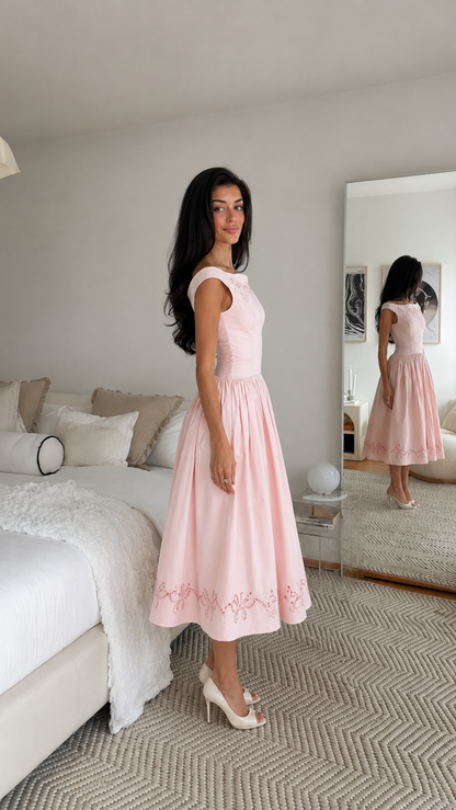 Rosalie Vintage Pink Off-Shoulder Embroidered Midi Dress