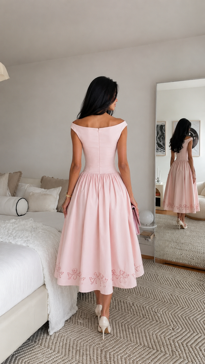 Rosalie Vintage Pink Off-Shoulder Embroidered Midi Dress