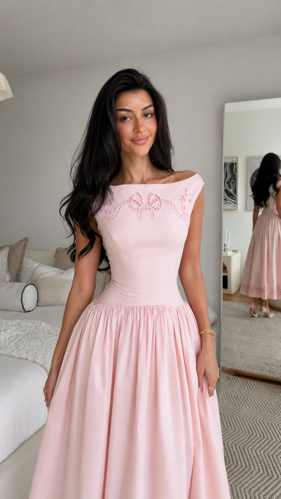 Rosalie Vintage Pink Off-Shoulder Embroidered Midi Dress