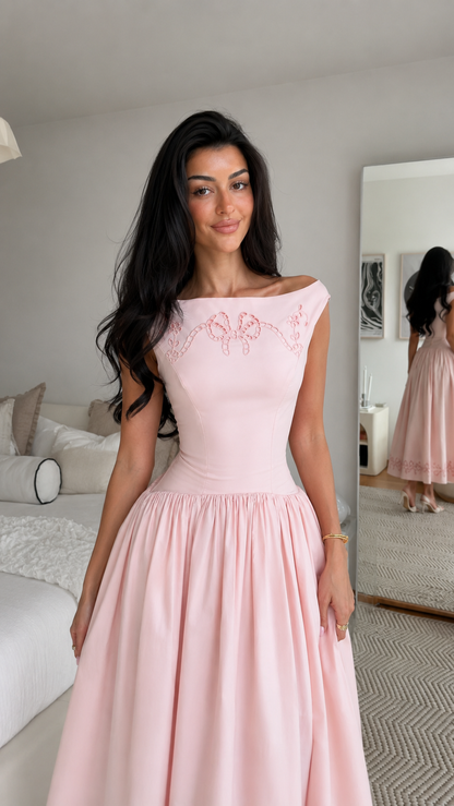 Rosalie Vintage Pink Off-Shoulder Embroidered Midi Dress