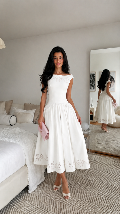 Rosalie Vintage Pink Off-Shoulder Embroidered Midi Dress