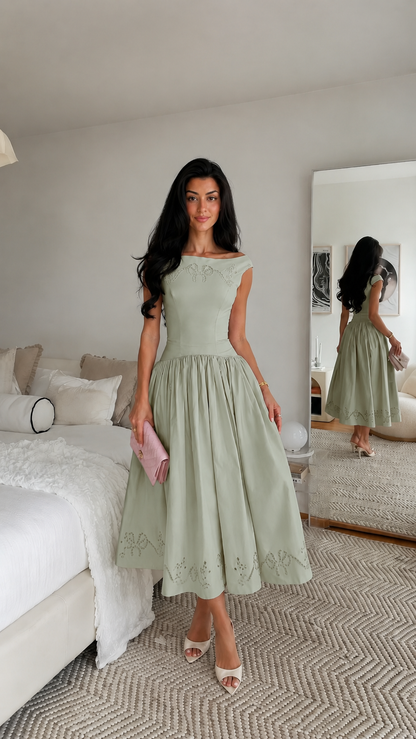 Rosalie Vintage Pink Off-Shoulder Embroidered Midi Dress