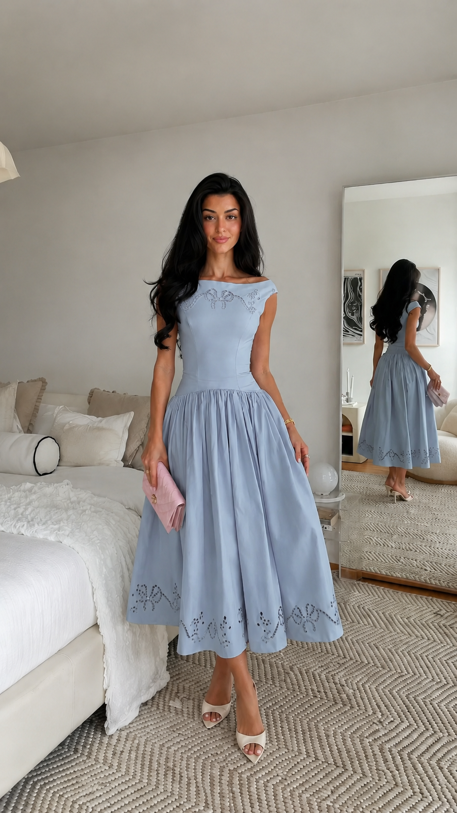 Rosalie Vintage Pink Off-Shoulder Embroidered Midi Dress