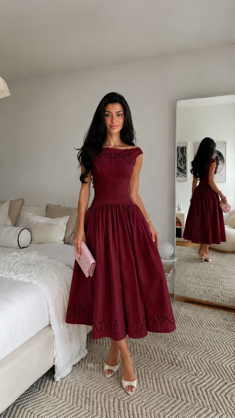 Rosalie Vintage Pink Off-Shoulder Embroidered Midi Dress