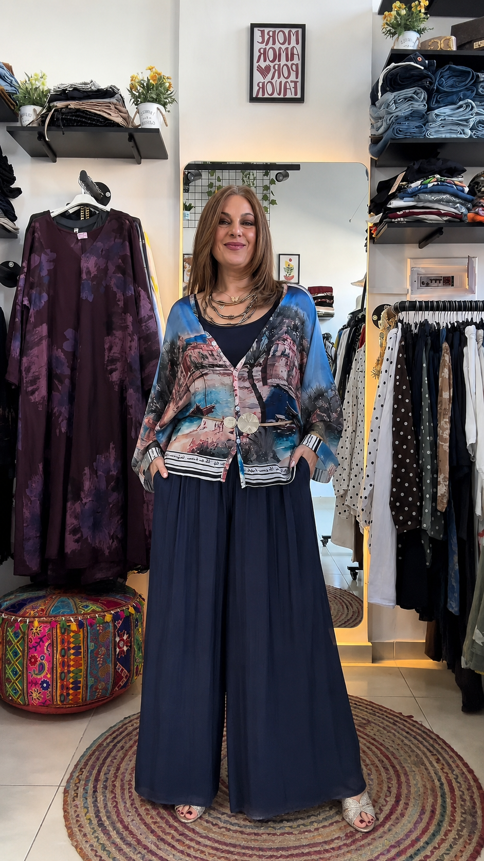 Mediterranean Harbor Print Two-Piece Palazzo Set